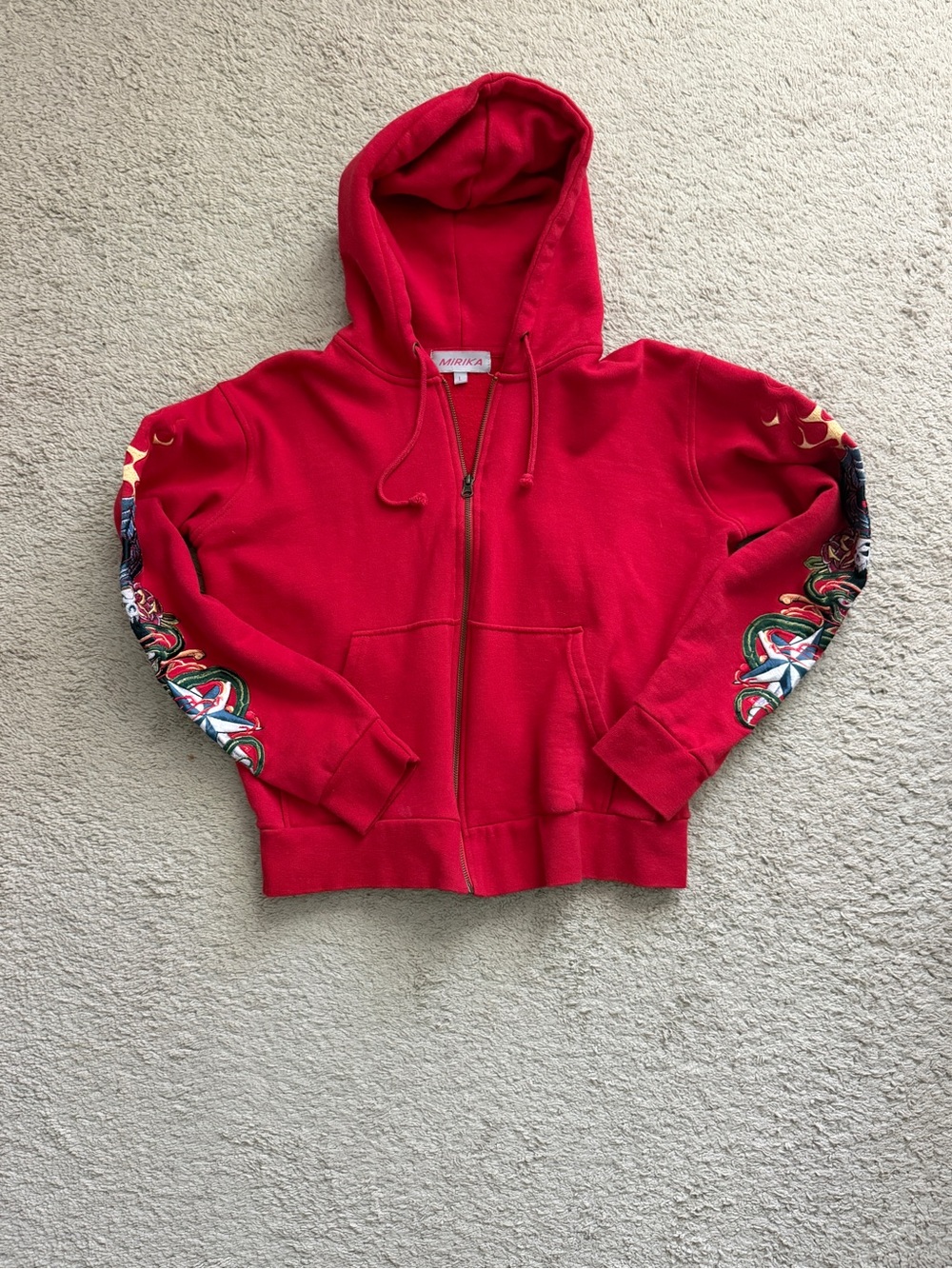 Women's Bright Red Zip Front Hoodie with Sleeve Graphic